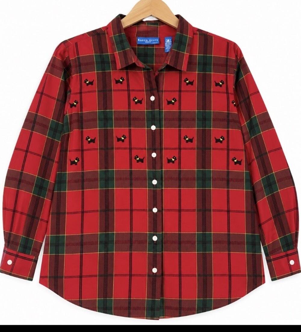 Karen Scott Sport Women’s 2X Red Plaid Scottie Dog Embroidered Button Down Shirt